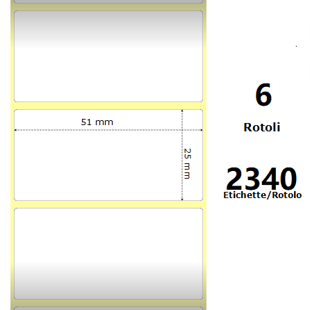 [ZE10010028] White 51x25mm, 2340 Et/Rotolo Z-2000D 2x1x1 Core, 6 Rolls