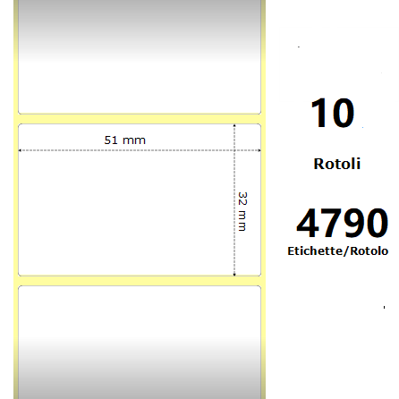 [ZE3004861-T] White 51x32mm,4790 Et/Rotolo Z-1000D, 2x1.3x3 Core,circonferenza 182mm