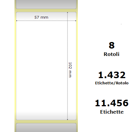 [ZE880156-101] White 57x102mm, 1432 Et/Rotolo Z-2000D,2.2x4x3 Core,circonferenza 174mm