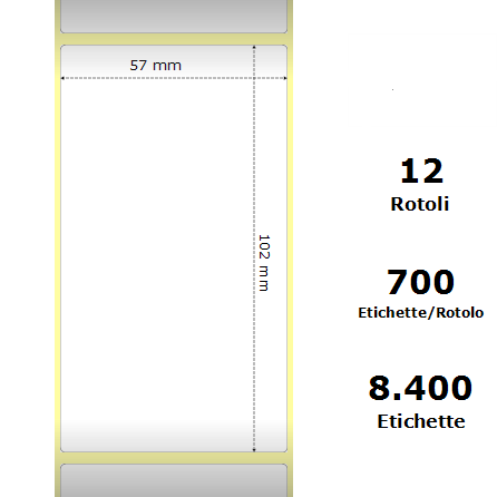 [ZE800262-405] White 57x102mm,700 Et/Rotolo Z-2000D, 2.2x4x1Core,circonferenza 111mm 12 Rolls