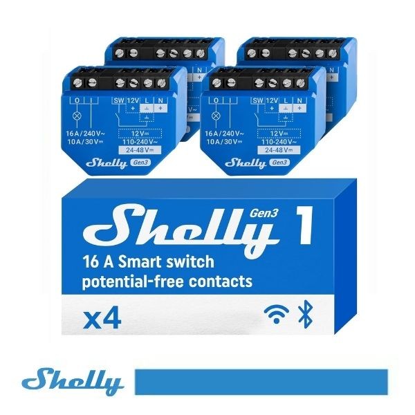 [SH-PLUS1G34P] Shelly 1 Gen3 - Smart Relay contatto pulito 16A AC/DC WiFi/BT/Matter 4PACK