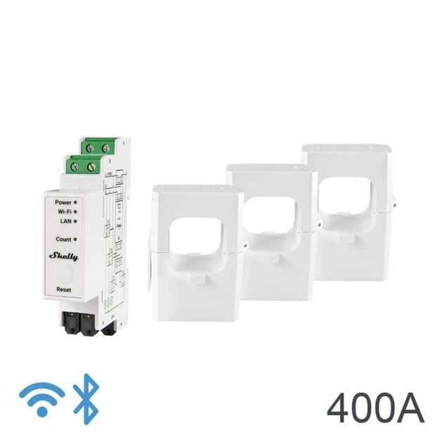 Shelly Pro 3EM 400A - Contatore Energia DIN + 3 pinze 400A