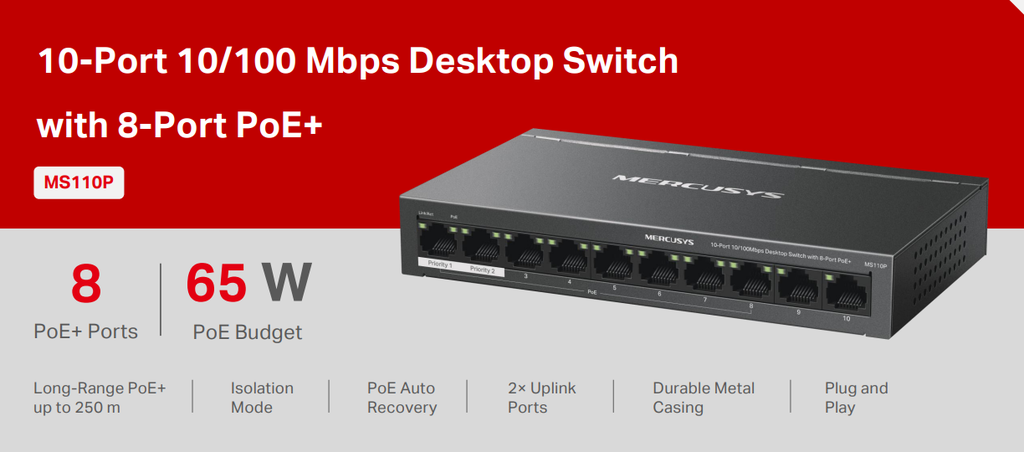 [MS-MS110P] Switch Desktop 10 porte 10/100 PoE+  - Mercusys MS110P