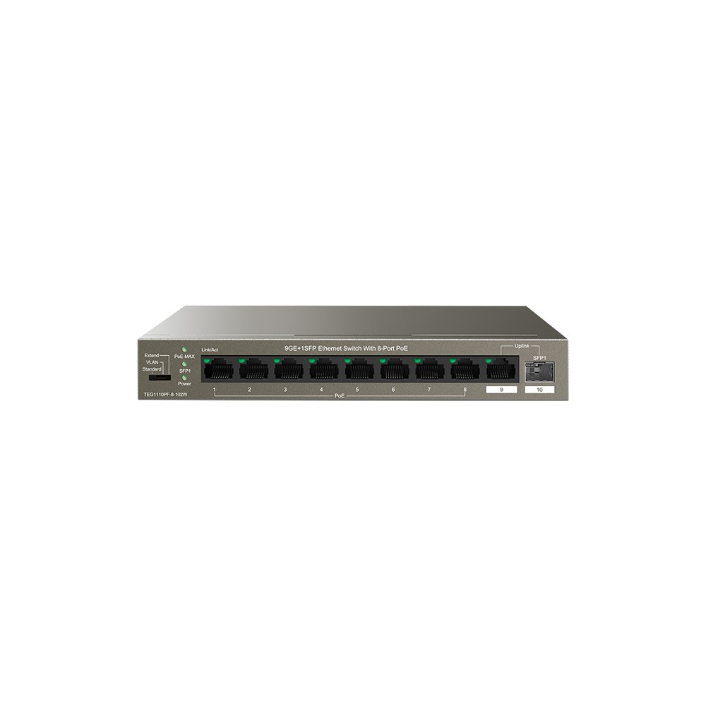 Tenda Switch Gigabit PoE - 10 porte (8 GE PoE + 1 GE + 1 SFP) | TEG1110PF-8-120w