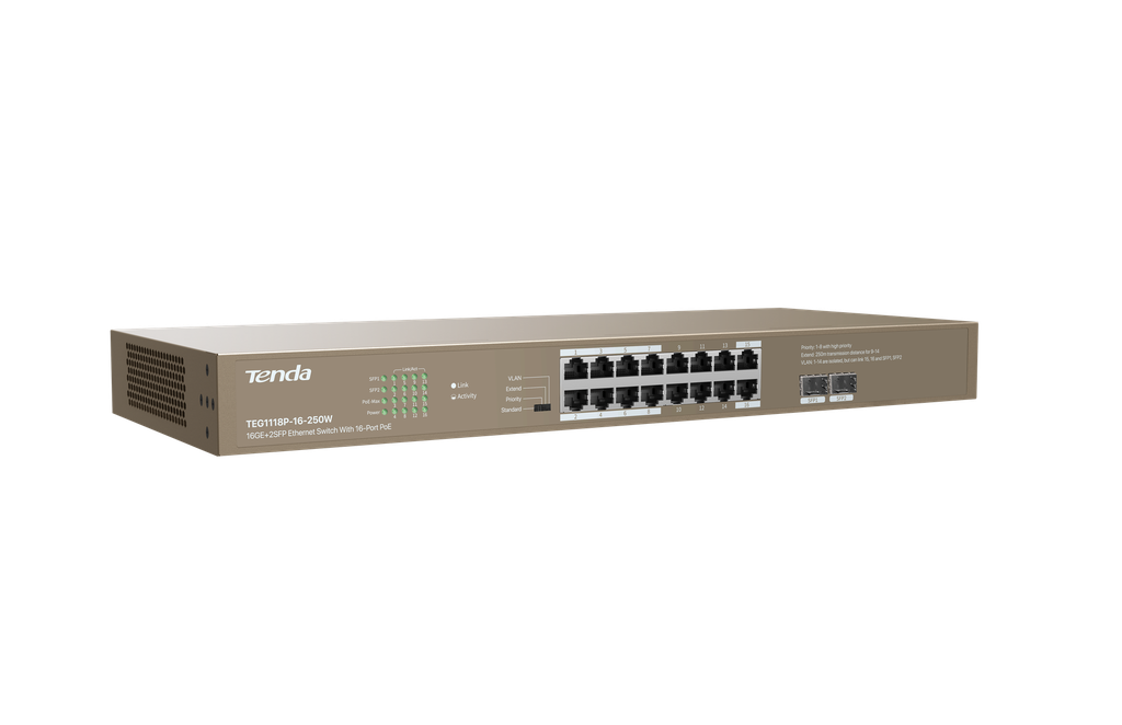 Tenda Switch Gigabit PoE - 18 porte (16 GE PoE + 2 GE) | TEG1118P-16-250W