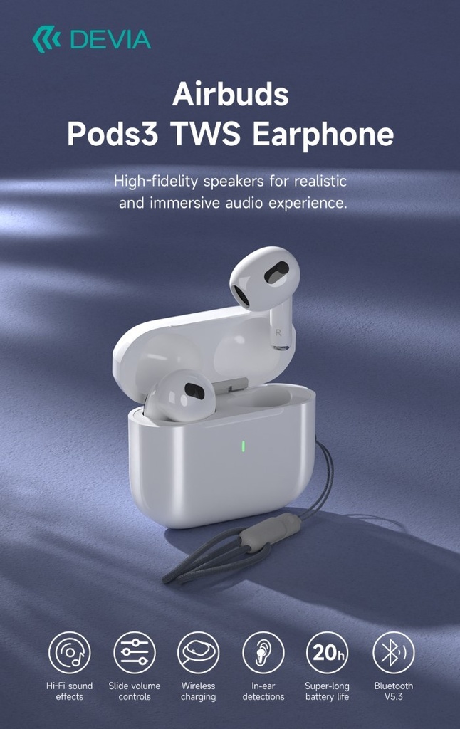 [DETWS410121W] Auricolari Airbuds Pods3 TWS EM410 BT 5.3 Carica Wireless Bianchi