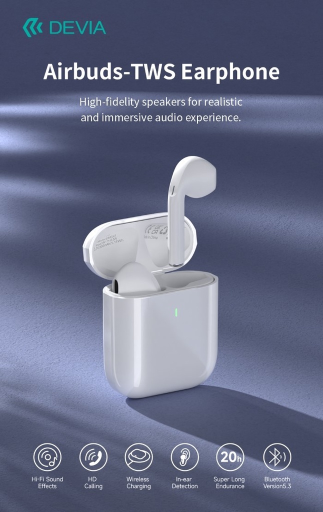 [DETWS53114W] Auricolari Airbuds TWS EM053 Carica Wireless BT 5.3 Bianchi