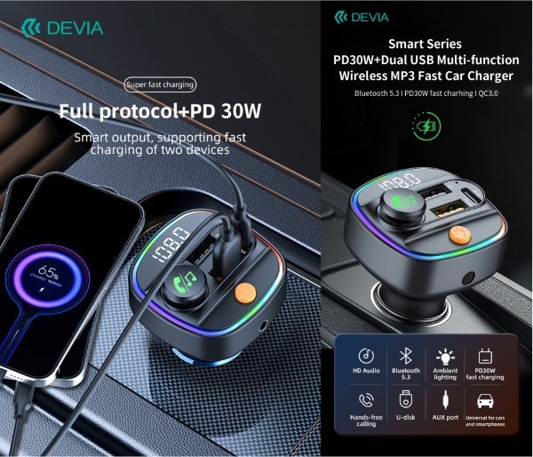 Vivavoce e Carica 30W per auto FM Bluetooth 5.3 con lettore Mp3 e Pendrive