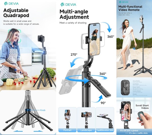 [DETSESC850B] Selfie-Stick con tracciamento del viso Al + supporto per streaming + Telecomando