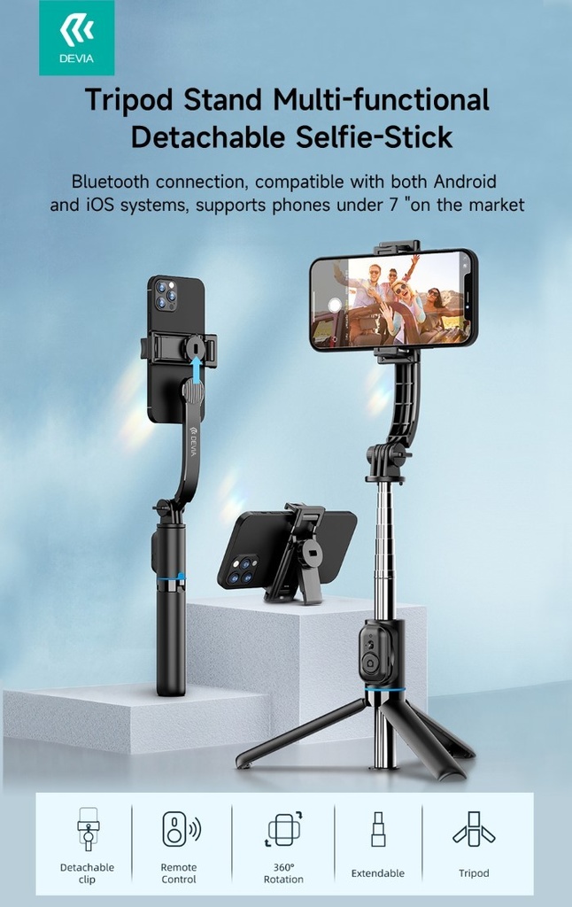 [DETSMF816B] Supporto treppiede e selfie-stick multifunzionale staccabile