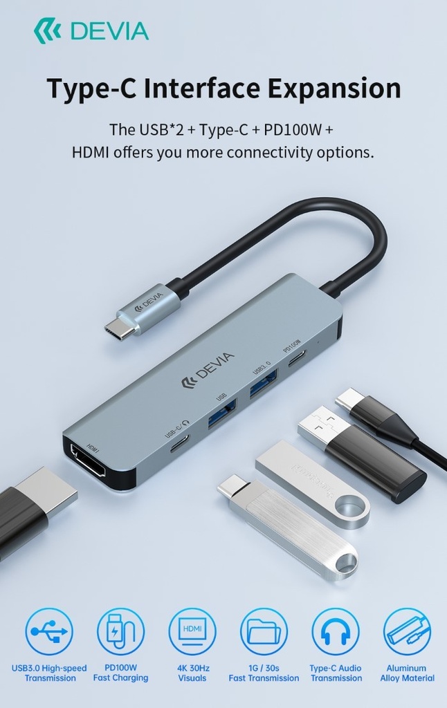 [DEHB51PD981] HUB 5 in 1 serie Leopard C a USB*2+C+PD 100W+HDMI 4K