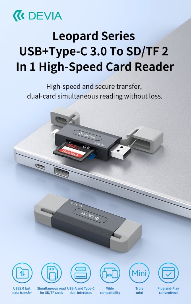 [DEAUSB3C360] Lettore di schede SD/TF 2 in 1 ad alta velocità USB+TypeC 3.0 5Gpbs serie Leopar
