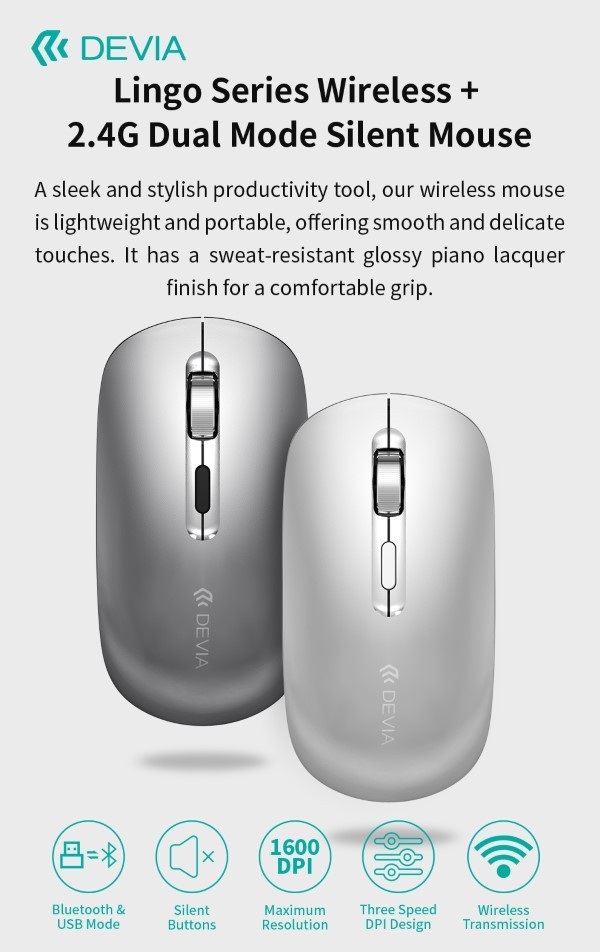 [DEL24W218G] Mouse wireless con DPI regolabile 2.4G + Bluetooth Dual mode Grigio