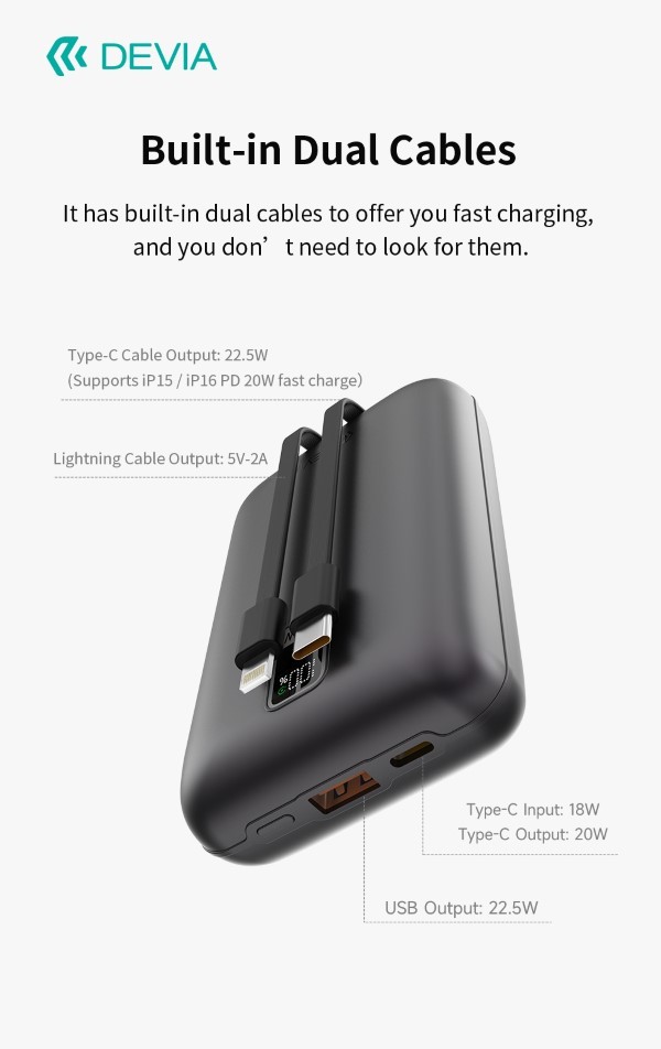 [DEEP208629G] MINI Power Bank Ultra4 da 22,5 W Con 2 cavi integrati 20000 mAh Grigio