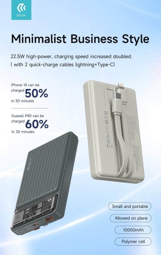 [DEPB225494L] Power Bank 10.000 mAh con due cavi 22,5W Carica rapida Avorio