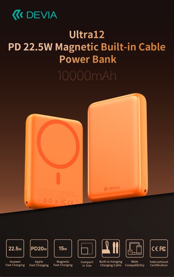 [DEPBU12293O] Power Bank Ultra12 10000mAh PD 22.5W Magnetico con Cavo Tipo-C Integrato Arancione