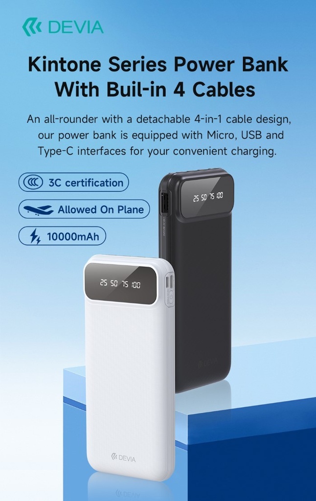 [DEPKC10786B] Power Bank serie Kintone con 4 cavi integrati 10000 mAh Nero