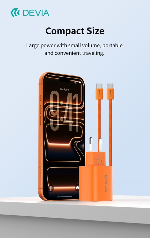 [DECC60W603O] Ultra6 GaN Fast Charger PD 40W / EU 60W – Con Cavo incluso USB-C Ricarica Rapida Arancio