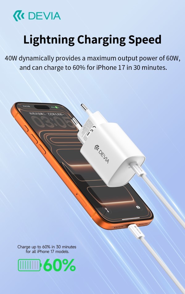 [DECC60W292W] Ultra6 GaN Fast Charger PD 40W / EU 60W – Con Cavo incluso USB-C Ricarica Rapida Bianco