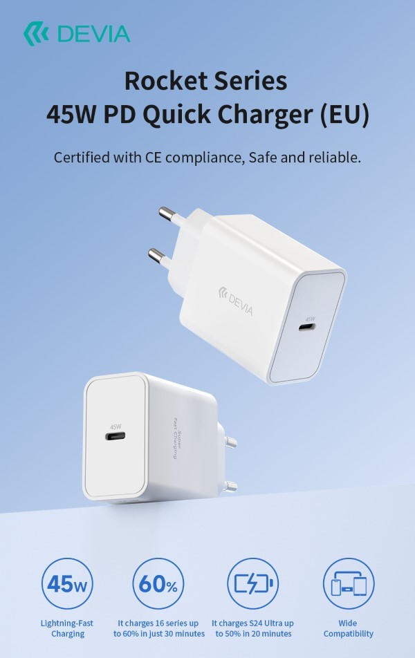 Carica Batterie PD 45 Watt Tipo-C per carica rapida bianco