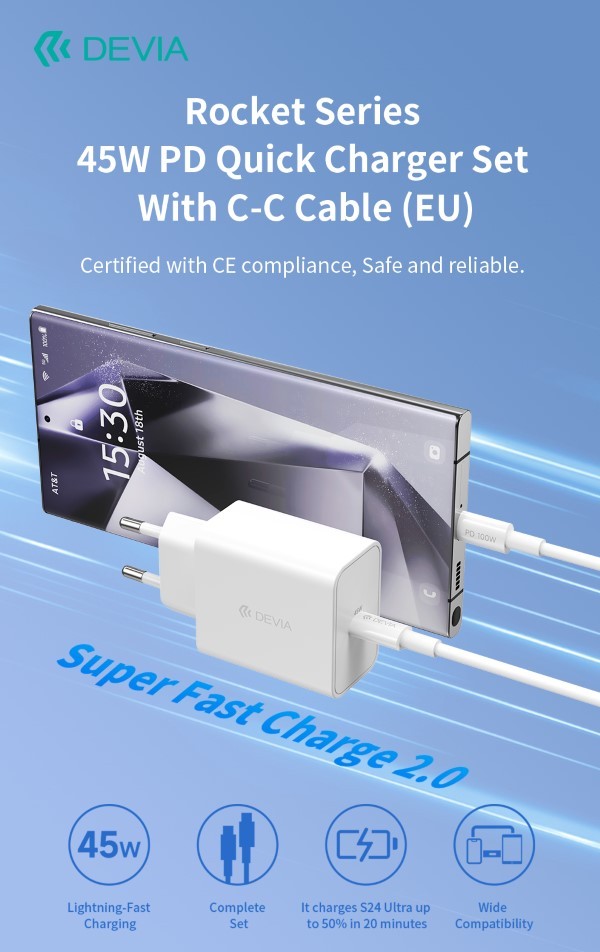 [DECHG45W896] Carica Batterie PD 45 Watt con cavo da C a C per carica rapida bianco