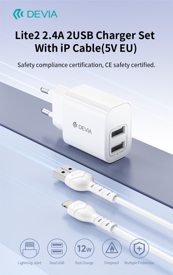 [DECHGL844W] Caricabatterie 2.4A 2 USB-A 5V 12 Watt Con Cavo Lightning Bianco