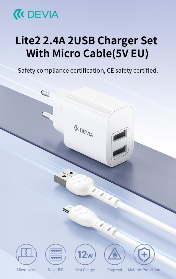Caricabatterie 2.4A 2 USB-A 5V 12 Watt Con Cavo M-Usb Bianco