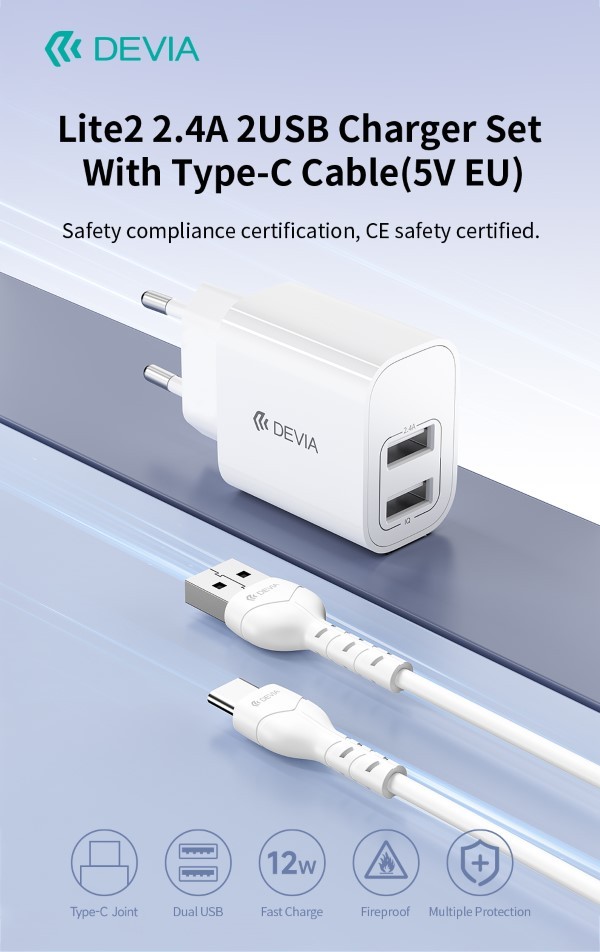 [DECHGC837W] Caricabatterie 2.4A 2 USB-A 5V 12 Watt Con Cavo Tipo-C Bianco