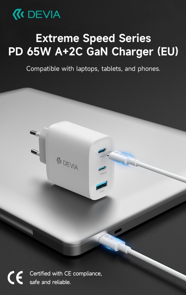 [DEPD65W615] Carica batterie PD da 65 Watt GaN 2 uscite Tipo-C e una Usb A
