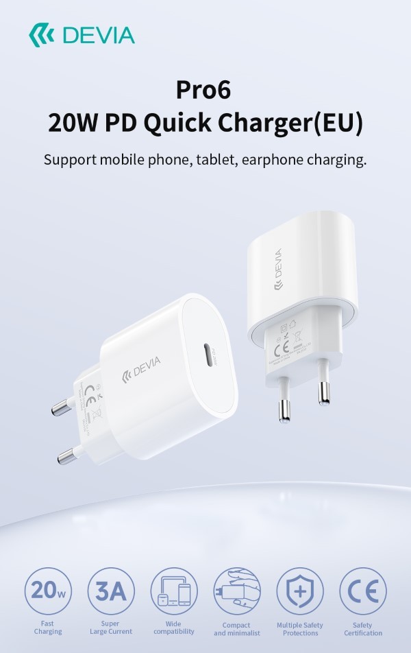 Carica batterie Pro6 Super rapido Out Tipo-C sistema PD 20W Bianco