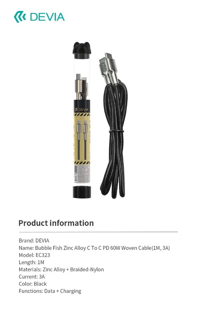 [DEBFZACC666] Cavo Bubble Fish Tipo-C - Tipo-C 60W PD in lega di zinco