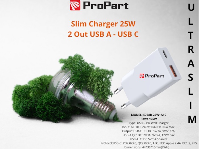 Slim Carica Batterie 25W 2 Out USB A - USB C