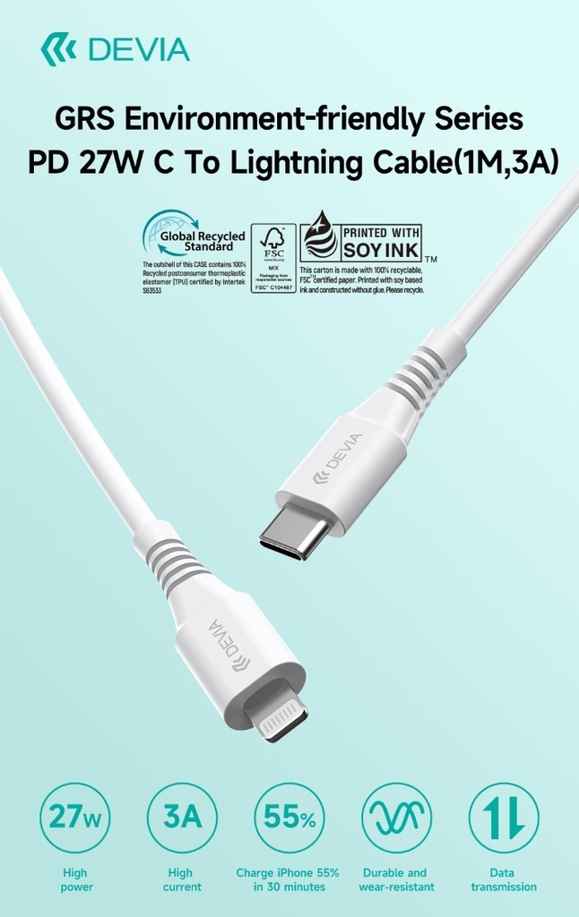 [DECAGRSL093] Cavo Certificato GRS da Tipo C a Lightning 27W 3A 1 Mt PD
