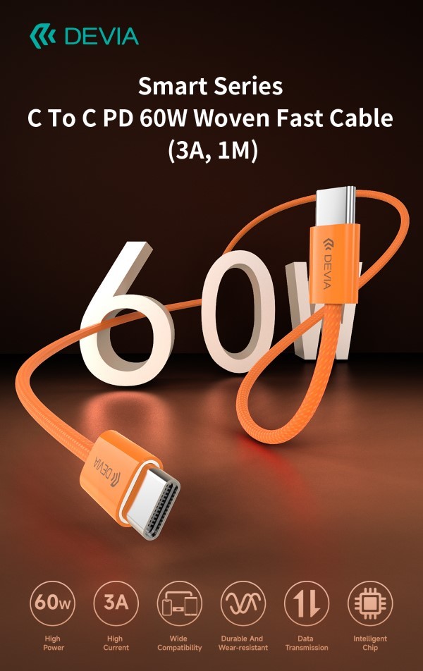 [DECACC323O] Cavo USB-C a USB-C Smart Series PD 60W Intrecciato Fast Charge (3A, 1m) Arancio-----DEEC325323O