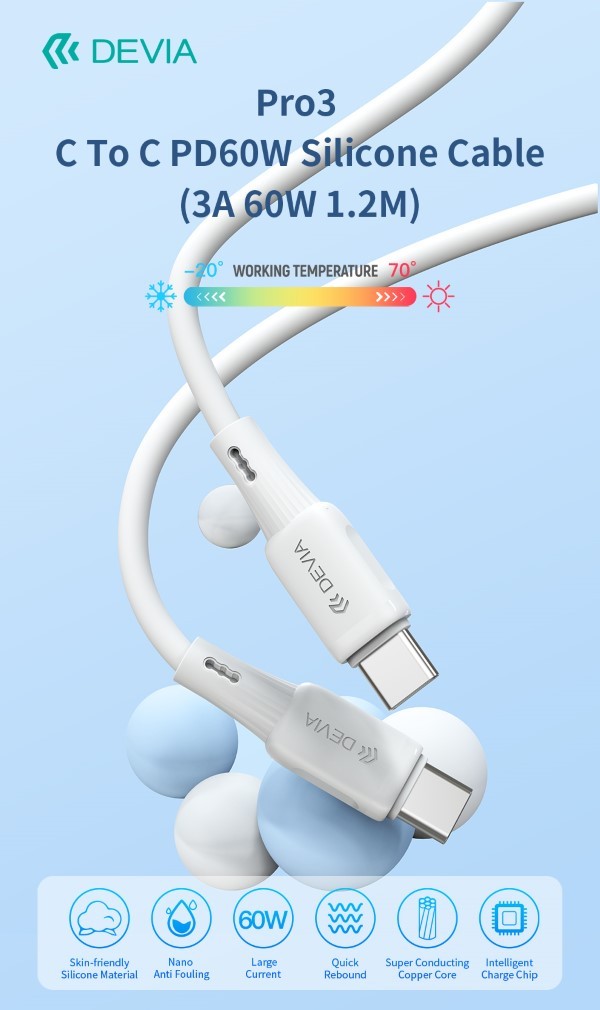 Cavo in silicone Pro3 da Tipo C a C PD60W 3A 60W 1,2M Bianco