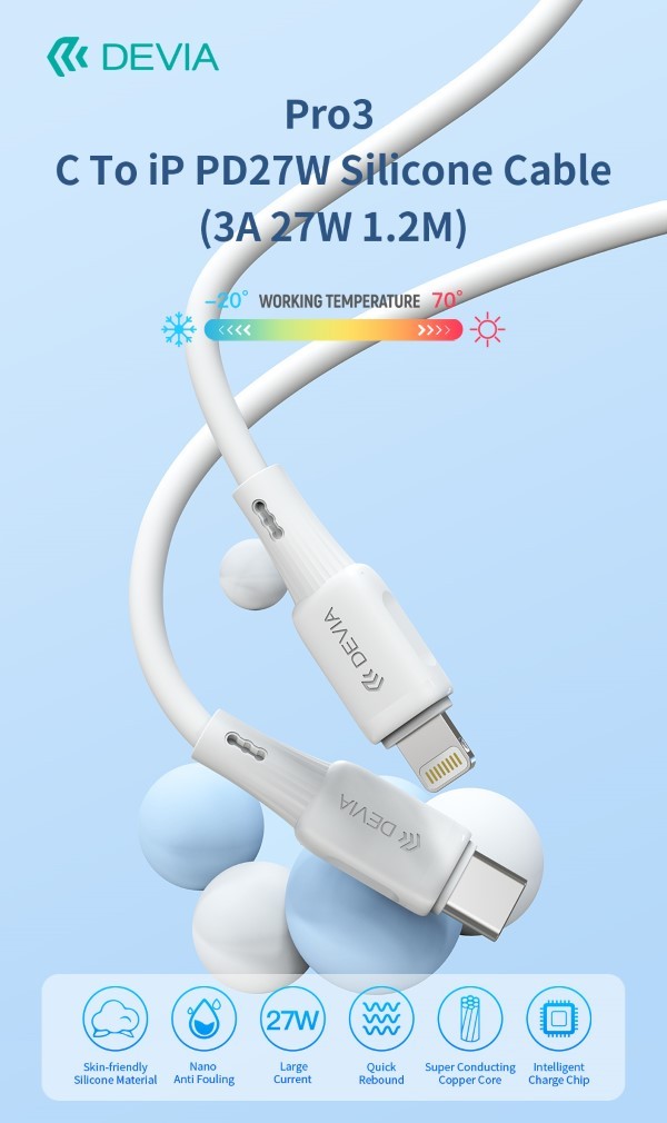 [DECACL499W] Cavo in silicone Pro3 da Tipo C a Lightning PD27W 3A 37W 1,2M Bianco
