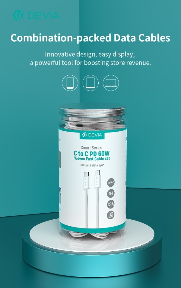 [DEBOXCC719] Set Cavi in Barattolo USB-C a USB-C PD 60W Intrecciati Fast Charge (30 pezzi, 1 m, 3A)