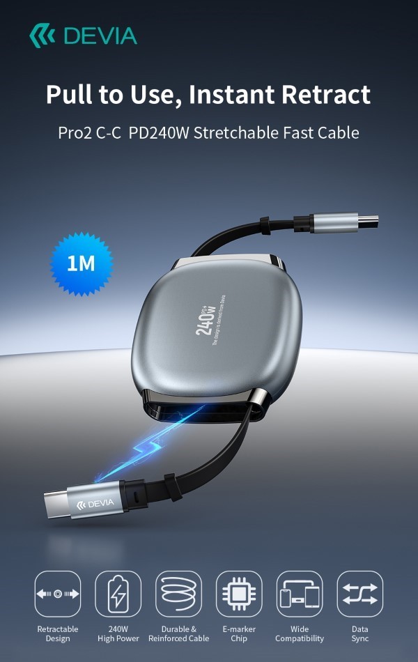 [DEEFC662117] Cavo USB-C a USB-C Pro2 PD 240W Estensibile Fast Charge (1 mt)