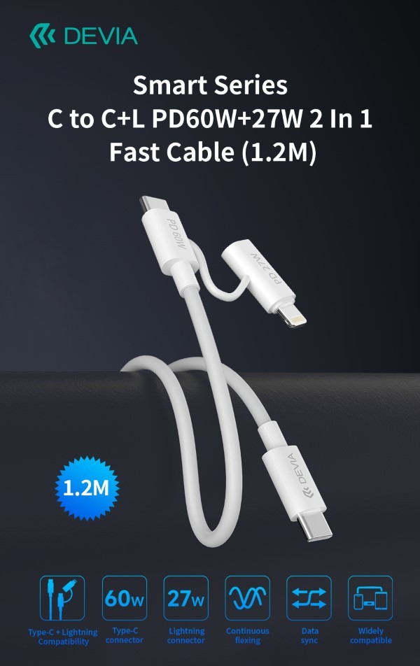Cavo carica rapida da C a C + Lightning  PD 60W 3A 1,2 Metri Nero