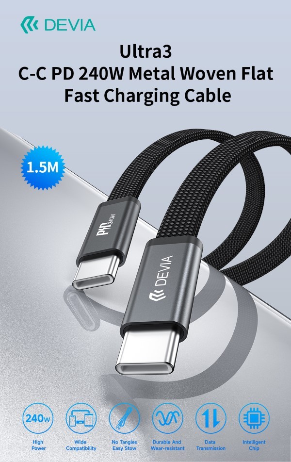 Cavo di ricarica rapida piatto in metallo intrecciato Ultra3 C-C PD 240W (1,5 m) Blu