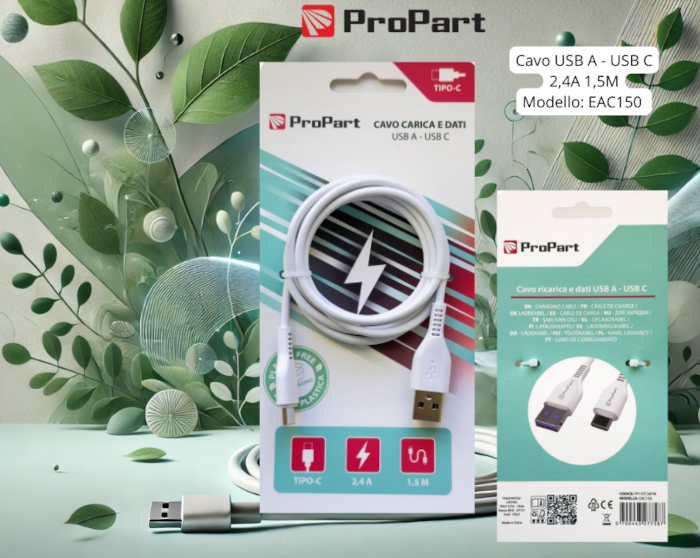 Cavo Carica e Dati Tipo-C 2.4 A. Lunghezza 1.5 metri Bianco