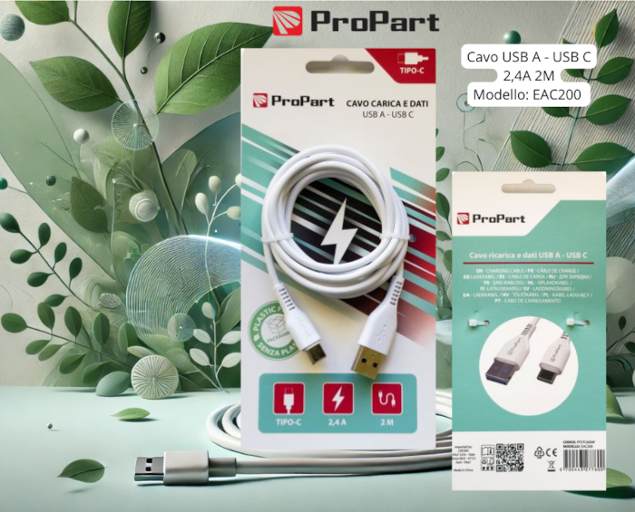 [PP2TC600W] Cavo Carica e Dati Tipo-C 2.4 A. Lunghezza 2 metri Bianco