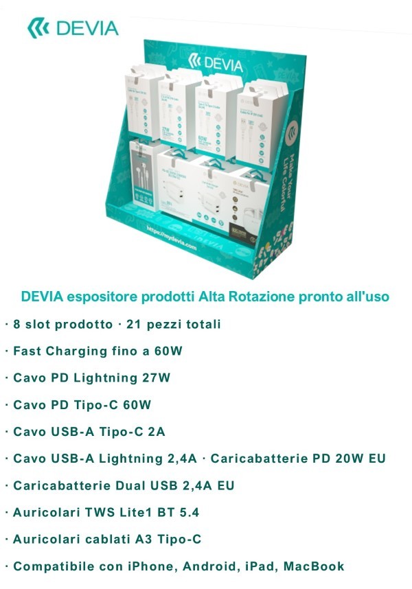 Espositore in Cartone DEVIA con 8 slot 21 articoli, pronto per il punto vendita Include una selezione completa di cavi, caricabatterie rapidi e auricolari