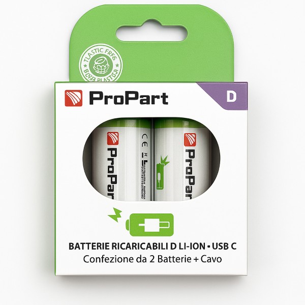 [PPD15000C] Batterie D Ricaricabili USB‑C 1.5V 7200mWh 4200mAh – Confezione da 2