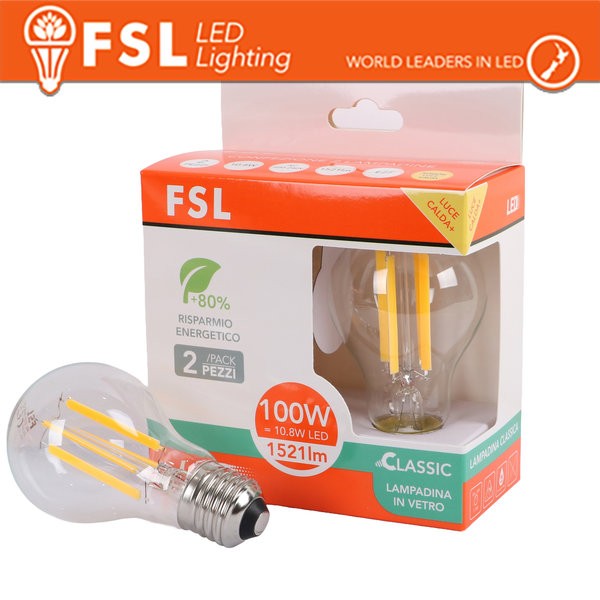 Lampada Filamento  A60  10.8W 3000K E27 - Confezione 2PACK