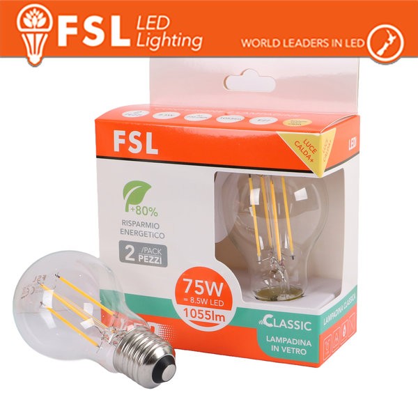 Lampada Filamento  A60  8.5W 3000K E27 - Confezione 2PACK