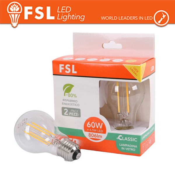 Lampada Filamento A60   6.5W 3000K E27 - Confezione 2PACK