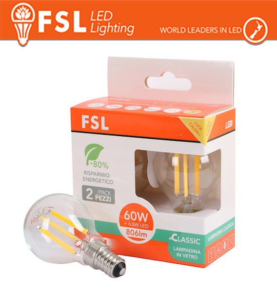 Lampada Filamento MiniSfera G45  6.5W 3000K E14 - Confezione 2PACK