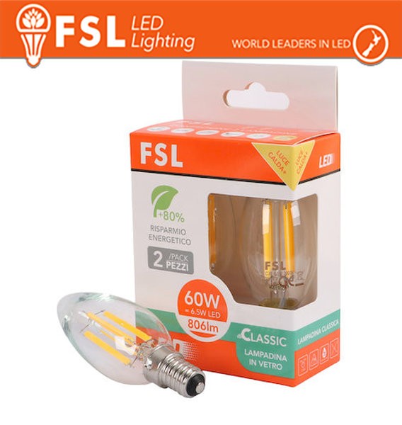 [FL2C35F7W30K14] Lampada Filamento Olive C35FC 6.5W 3000K E14 - Confezione 2PACK