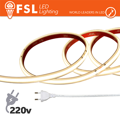 Striscia LED COB 5metri - IP65 4000K 220V 15W/m 1300lm/m+KIT tappo, colla, clip
